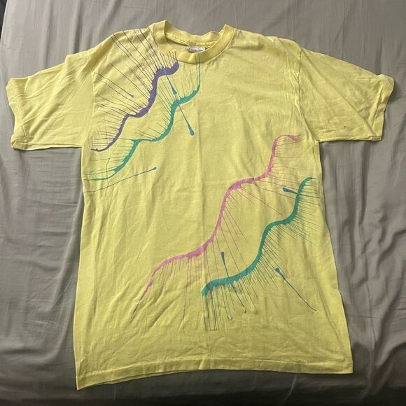 80s vintage custom canary yellow Hanes Fifty-Fifty tee shirt with splash print - Picture 1 of 12